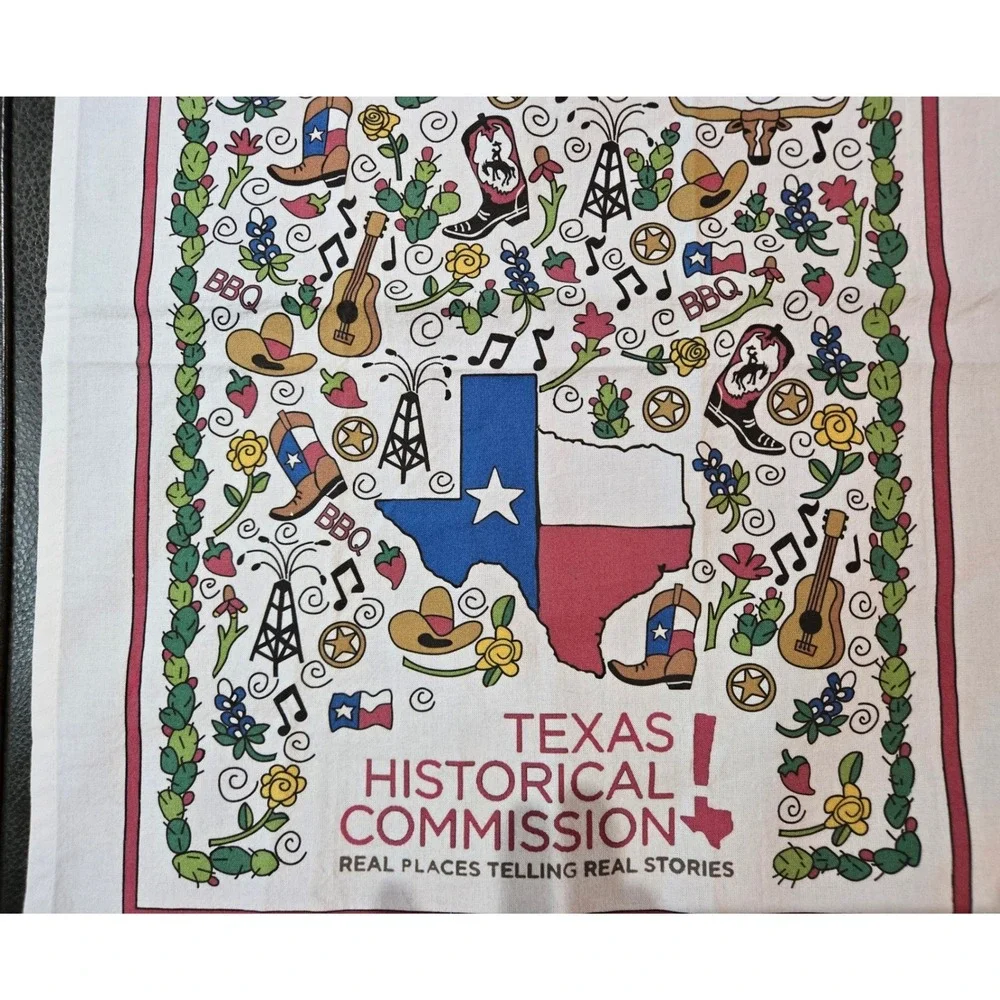 Texas Historical Commission Tea Towel Souvenir White Red Blue ExcellentCondition
